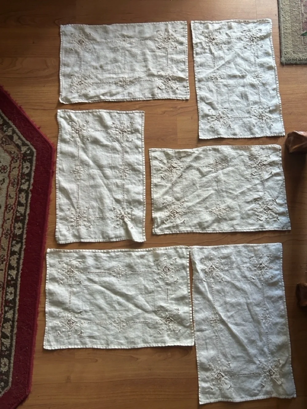 Antique Embroidered Ivory Linen Placemats - Set of 6